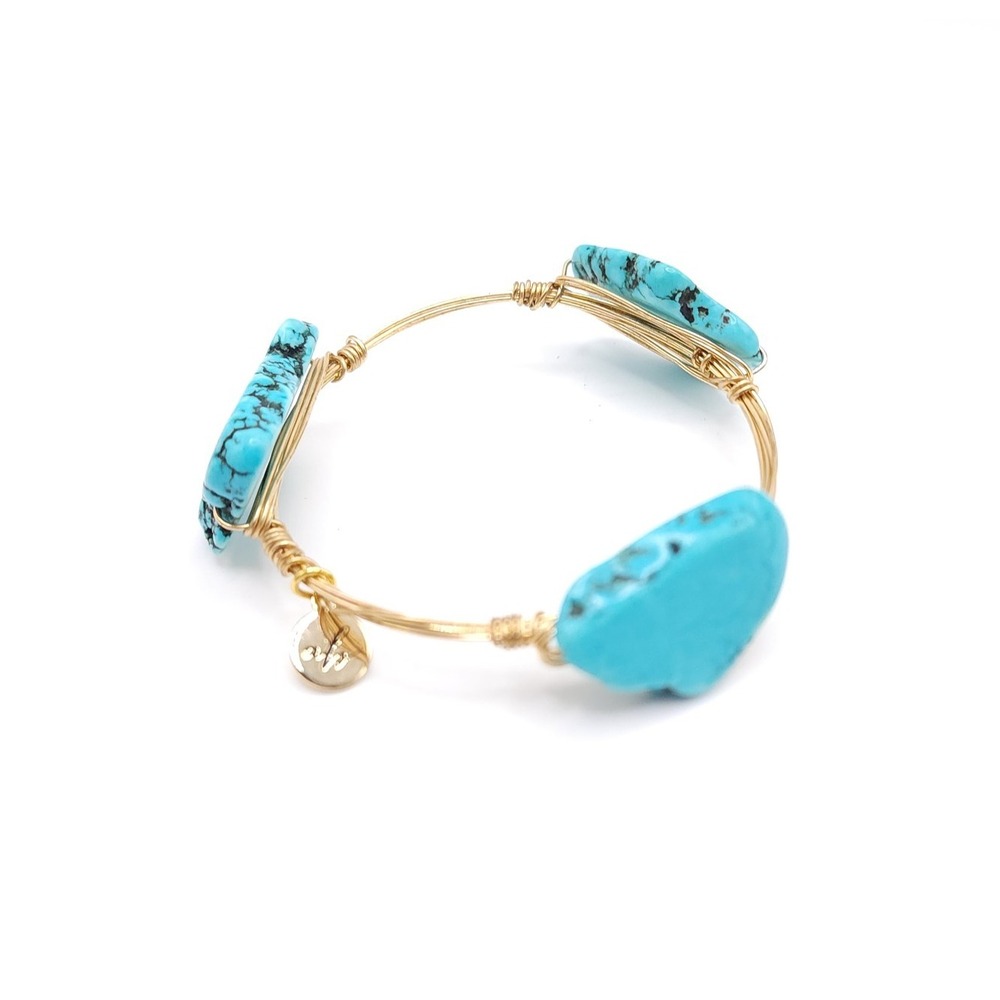 Turquoise Style Stone Wire Wrapped Bangle Bracelet Gold Tone Boho
